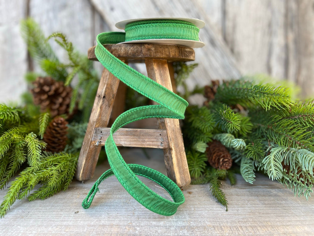 7/8" Emerald Green Dupioni Ribbon, Wired Ribbon