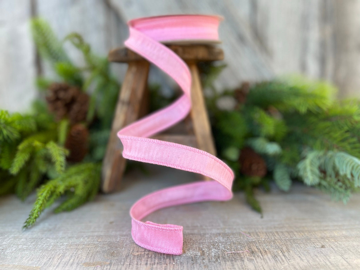 7/8" Pink Dupioni Ribbon, Wired Ribbon, Narrow Ribbon