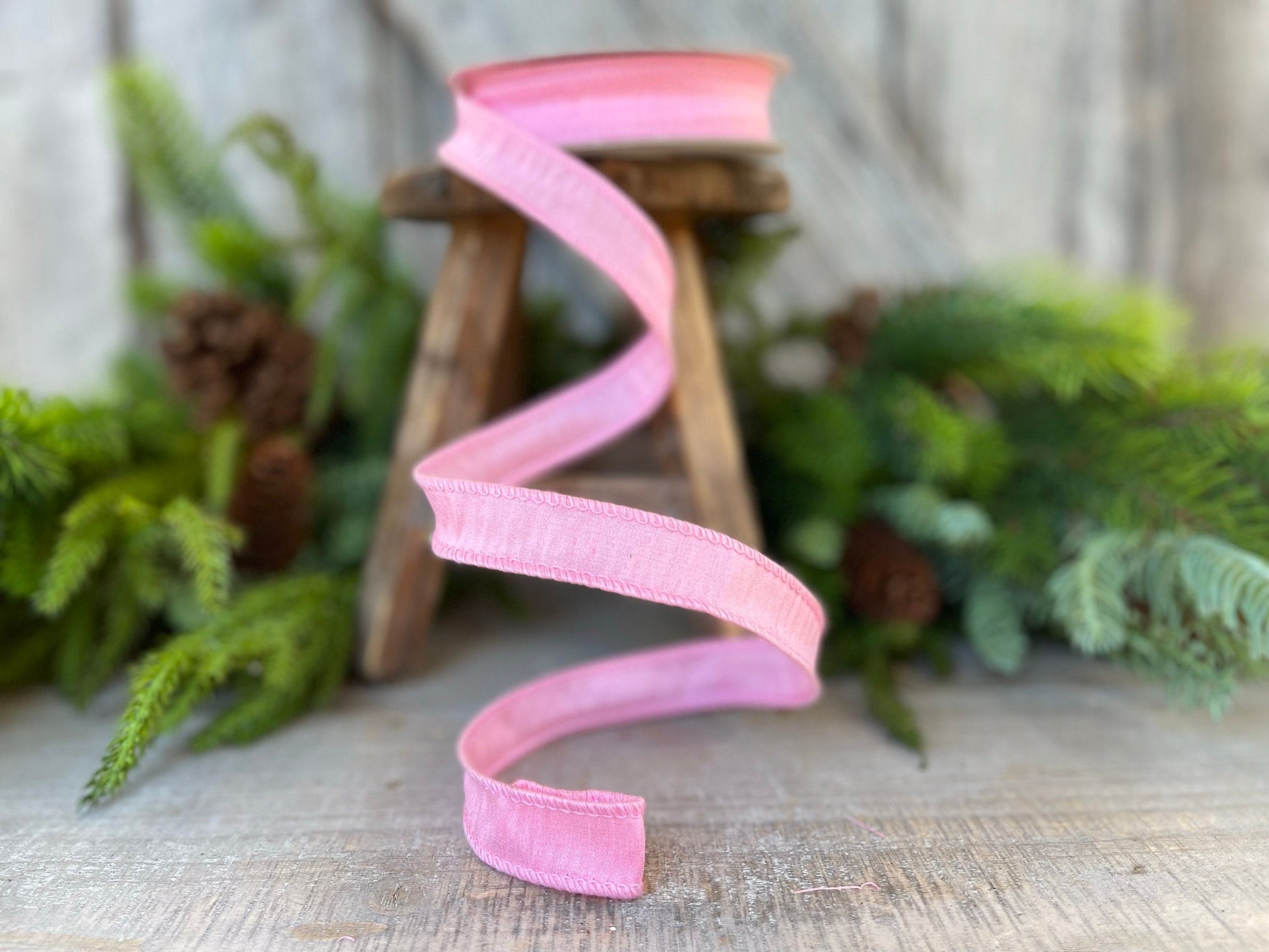 7/8" Pink Dupioni Ribbon, Wired Ribbon, Narrow Ribbon