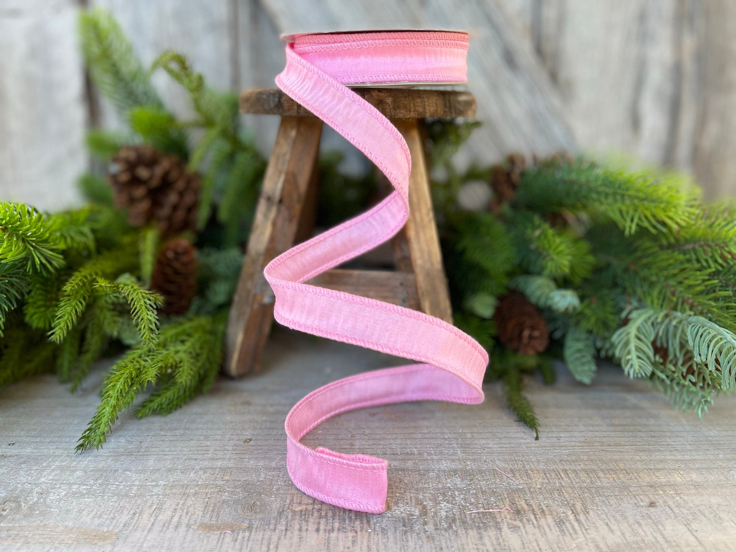 7/8" Pink Dupioni Ribbon, Wired Ribbon, Narrow Ribbon