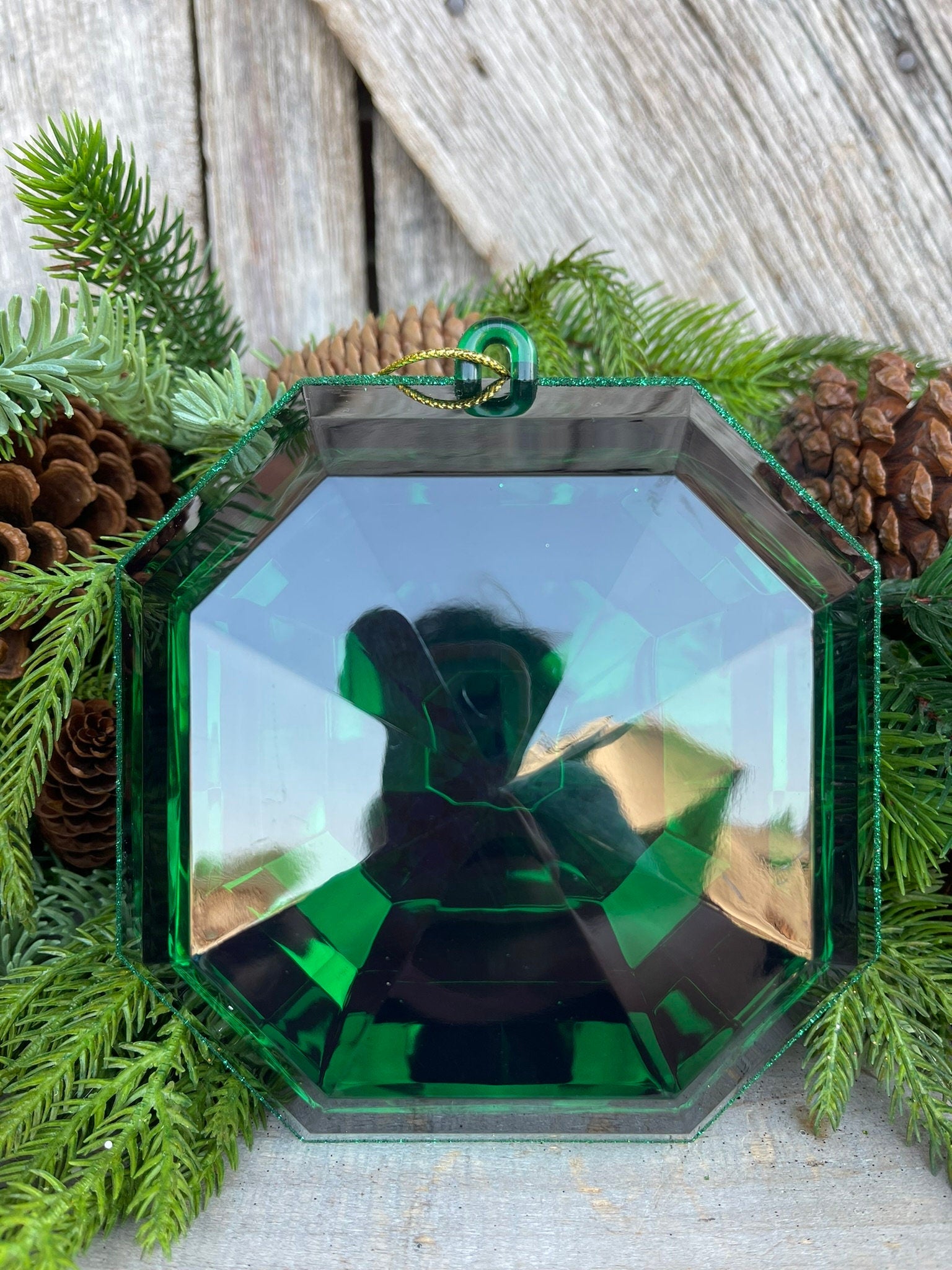 6" Emerald Green Square Jewel, Christmas Jewel Ornament, Green Gem Ornament