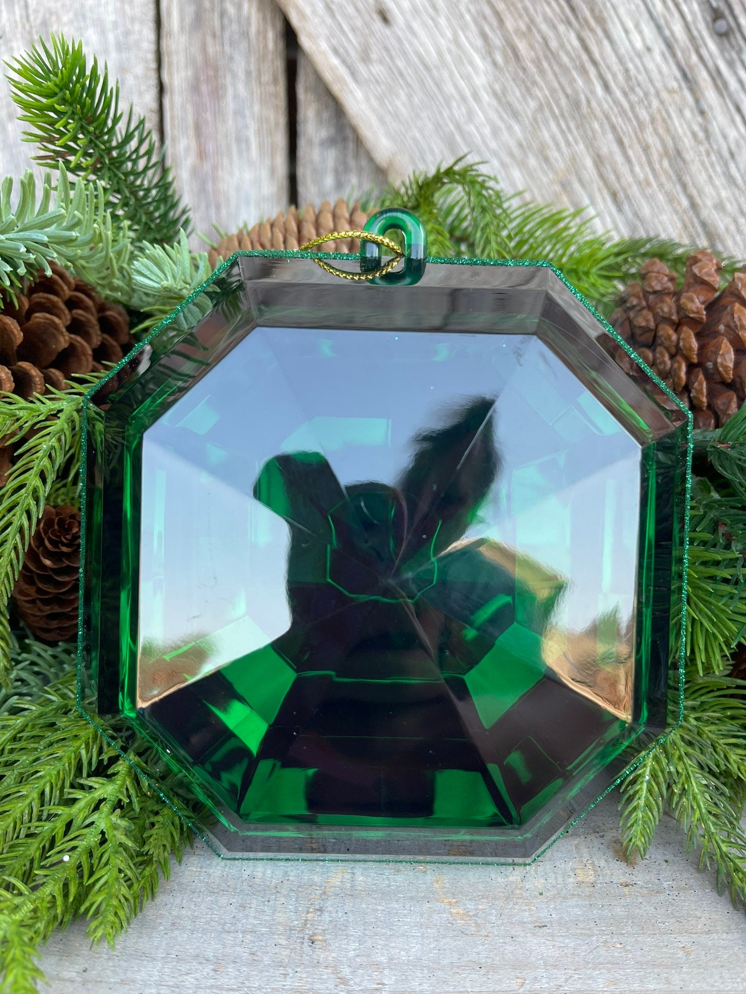 6" Emerald Green Square Jewel, Christmas Jewel Ornament, Green Gem Ornament
