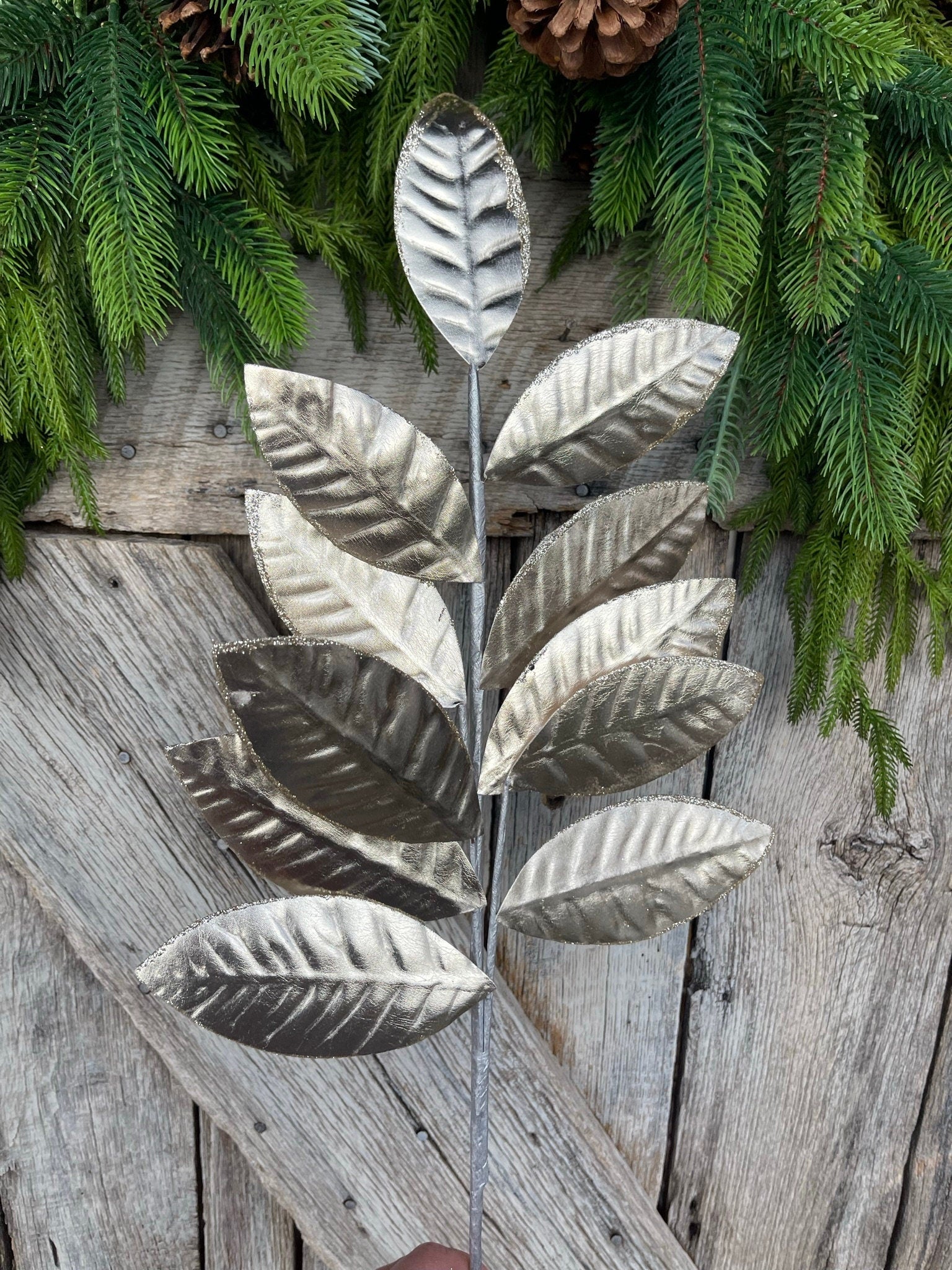25" Champagne Metallic Leaf Spray, Christmas Leaves Spray