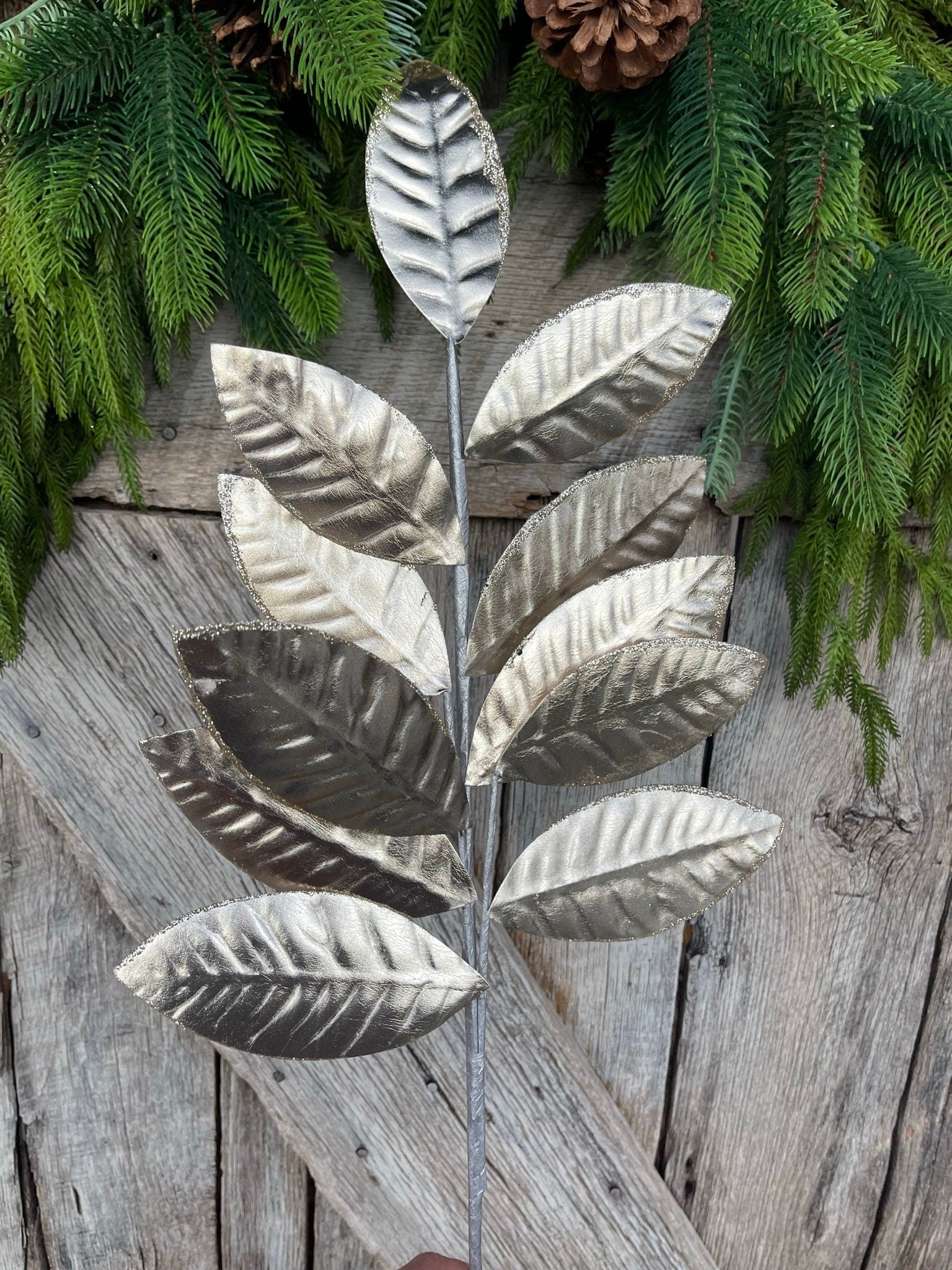 25" Champagne Metallic Leaf Spray, Christmas Leaves Spray