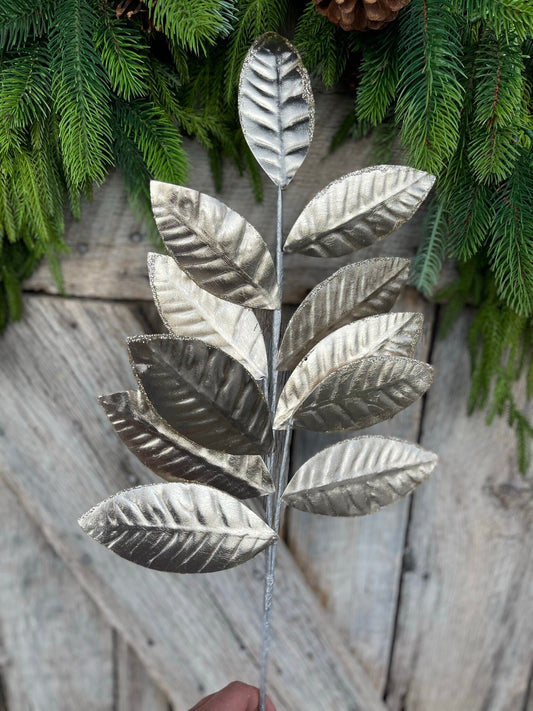 25" Champagne Metallic Leaf Spray, Christmas Leaves Spray