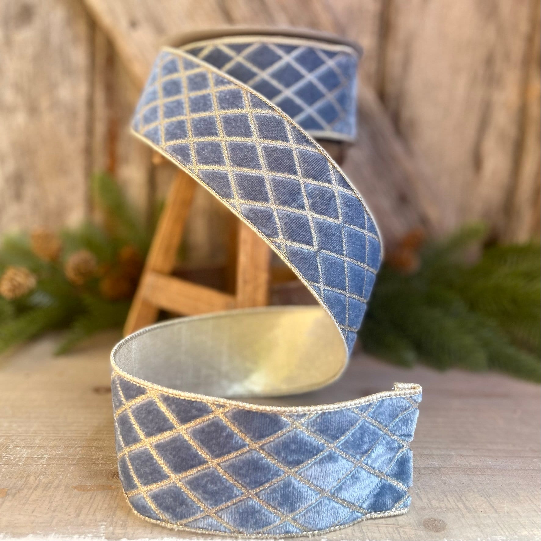 2.5" Steel BLUE Metallic Diamonds Velvet Ribbon, Farrisilk Ribbon, BLUE Velvet