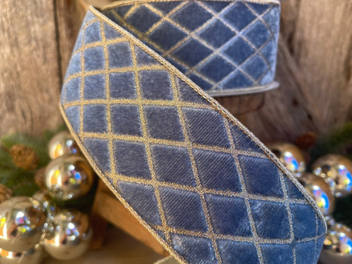 2.5" Steel BLUE Metallic Diamonds Velvet Ribbon, Farrisilk Ribbon, BLUE Velvet