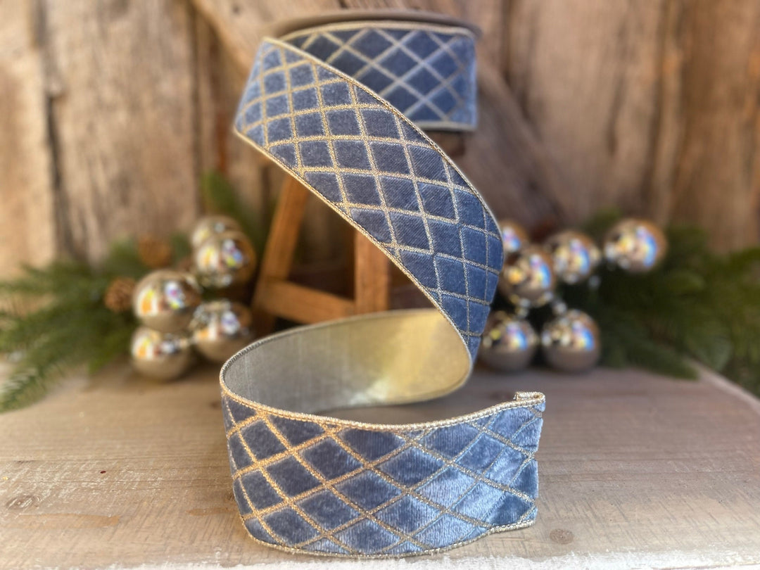 2.5" Steel BLUE Metallic Diamonds Velvet Ribbon, Farrisilk Ribbon, BLUE Velvet