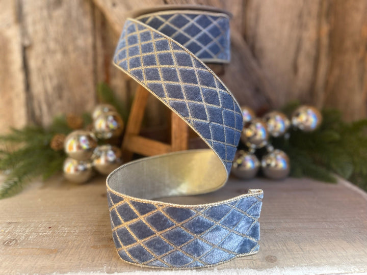 2.5" Steel BLUE Metallic Diamonds Velvet Ribbon, Farrisilk Ribbon, BLUE Velvet