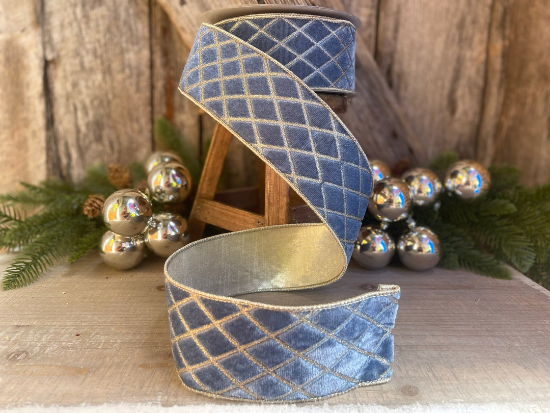 2.5" Steel BLUE Metallic Diamonds Velvet Ribbon, Farrisilk Ribbon, BLUE Velvet
