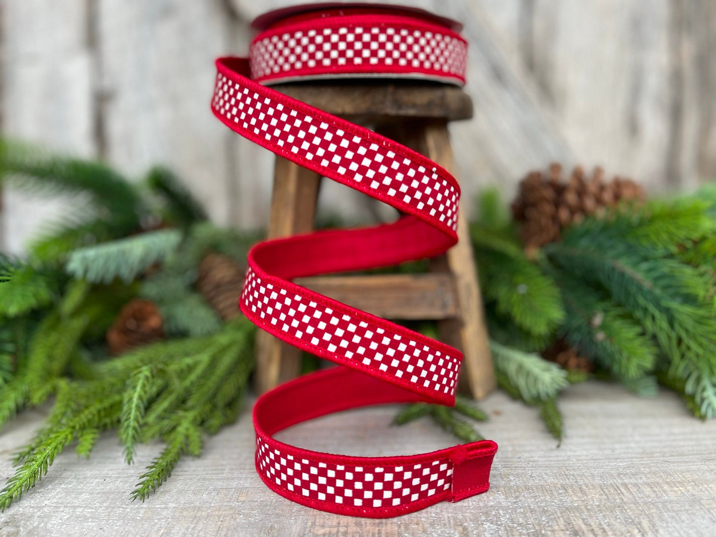 1" Red Mini Checkered Ribbon, Farrisilk Ribbon, Check Ribbon