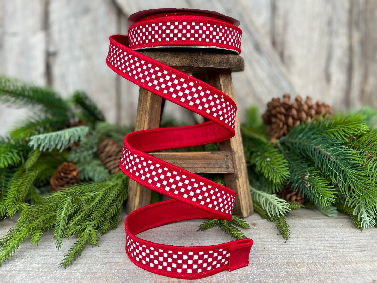 1" Red Mini Checkered Ribbon, Farrisilk Ribbon, Check Ribbon