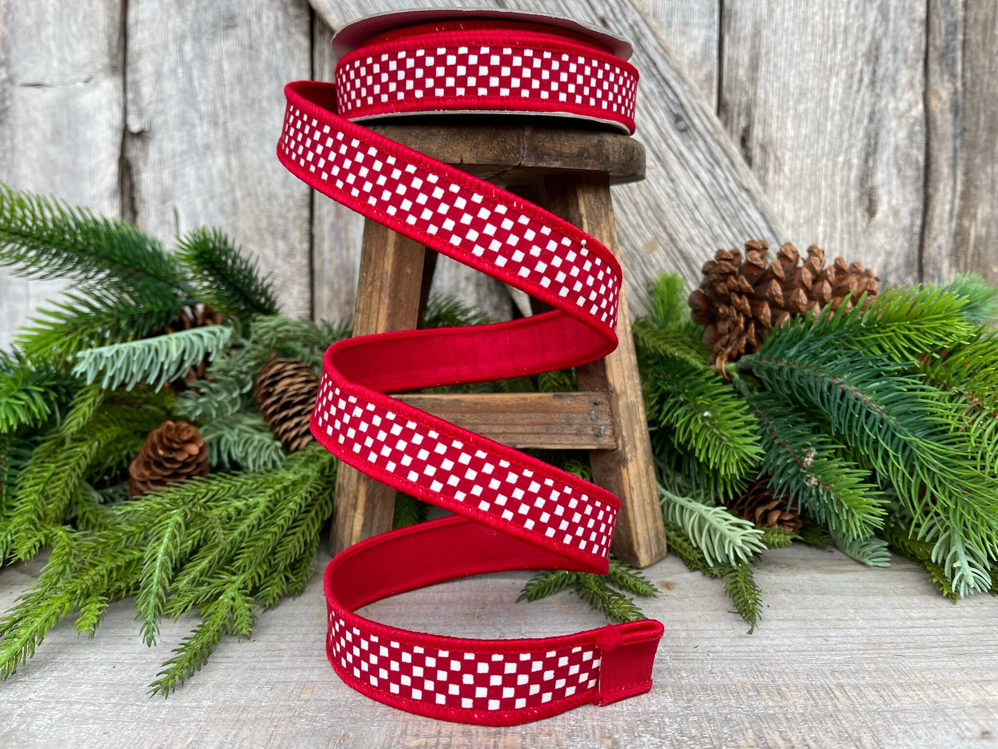 1" Red Mini Checkered Ribbon, Farrisilk Ribbon