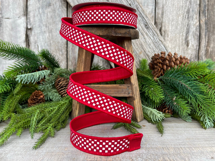 1" Red Mini Checkered Ribbon, Farrisilk Ribbon, Check Ribbon