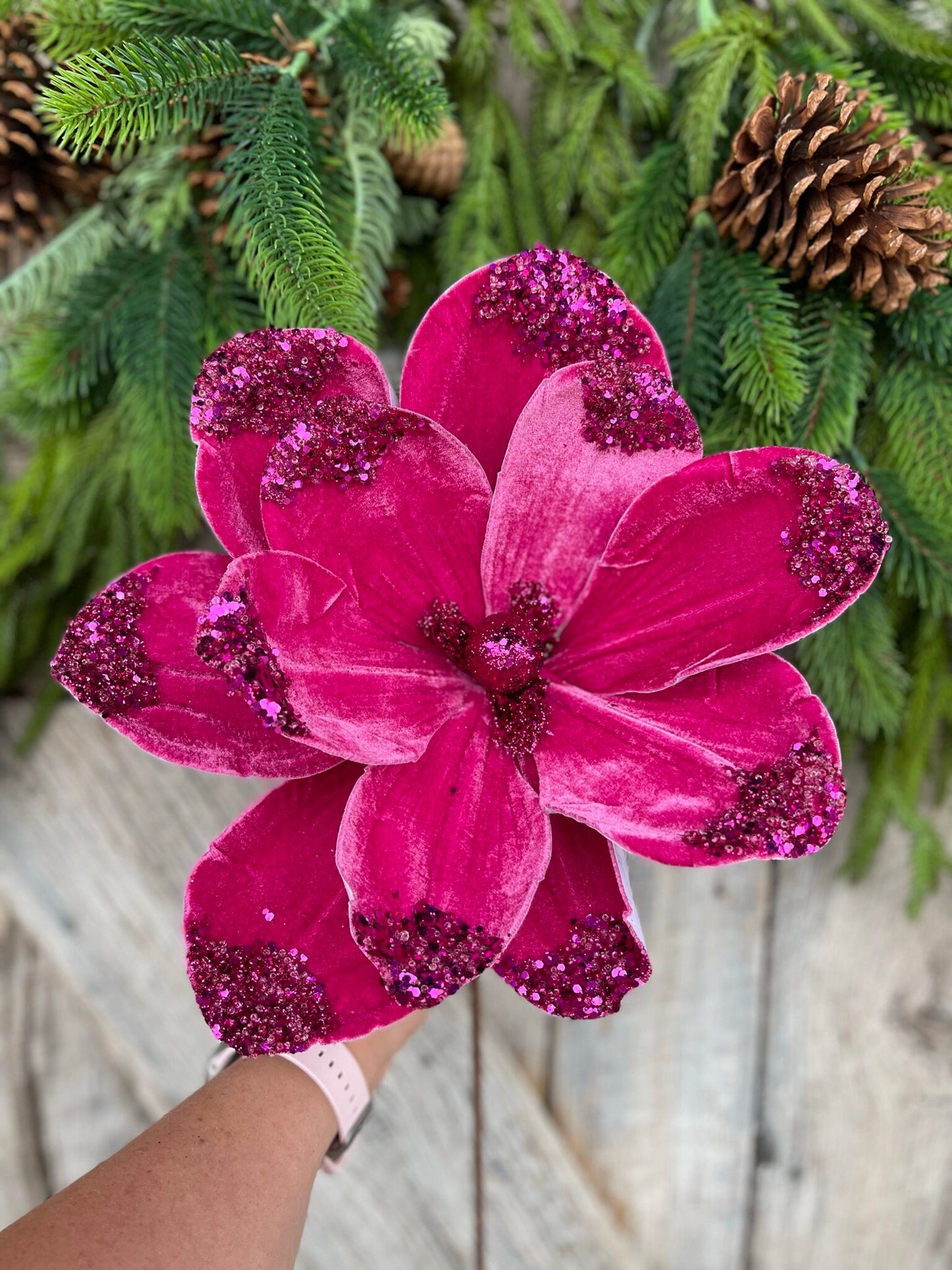 21" Hot Pink Velvet Magnolia, Christmas Magnolia, Faux Magnolia Stem