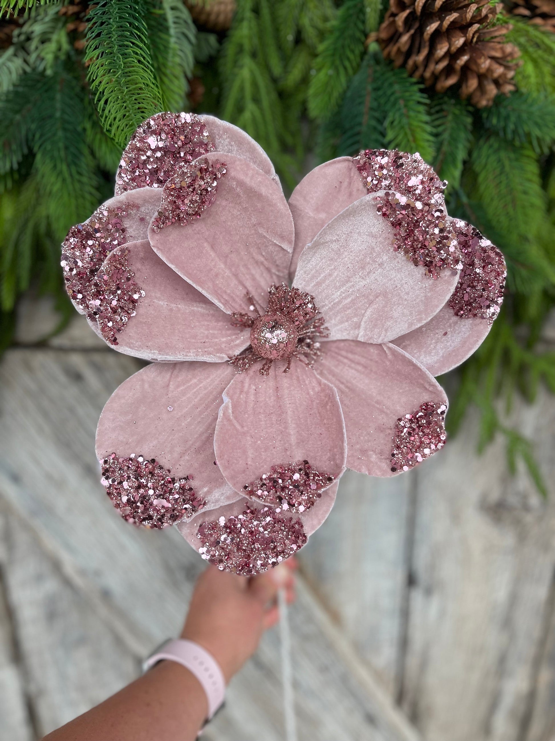 21" Light Pink Velvet Magnolia, Christmas Magnolia, Faux Magnolia Stem