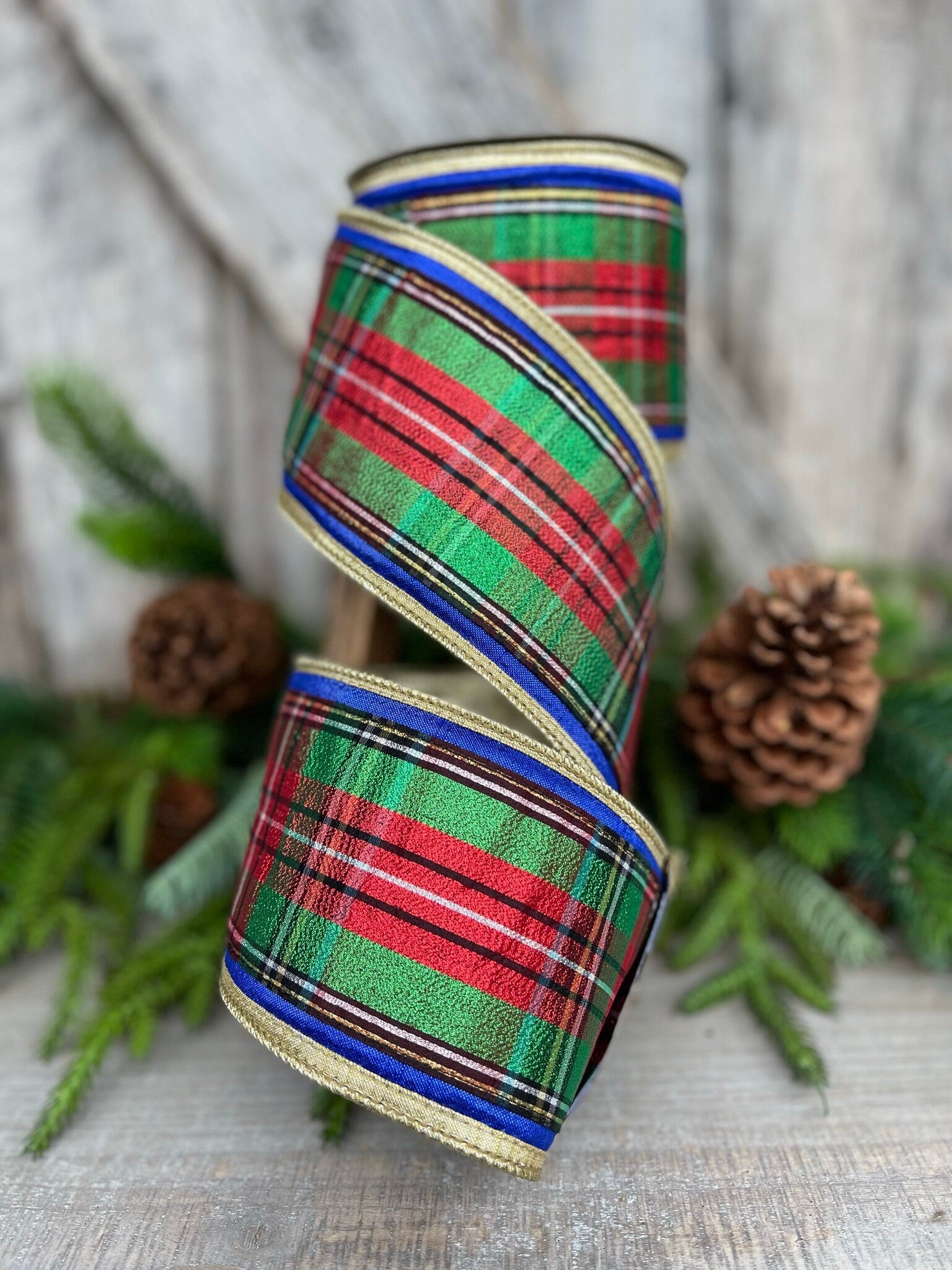 4" Traditional CHristmas Plaid, Farrisilk Ribbon, Red Blue Chirstmas Plaid RIbbon