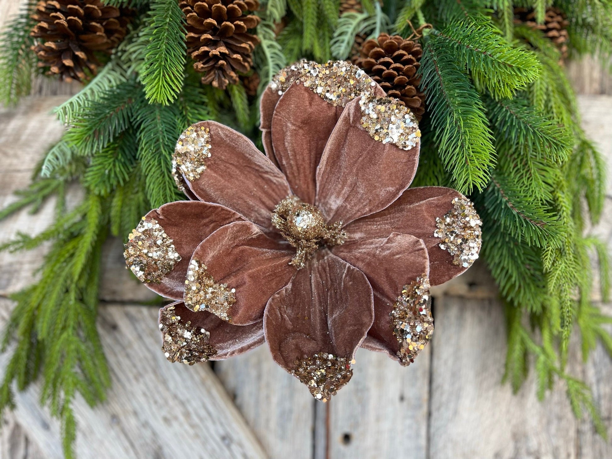 21" Mocha Brown Velvet Magnolia, Christmas Magnolia, Faux Magnolia Stem