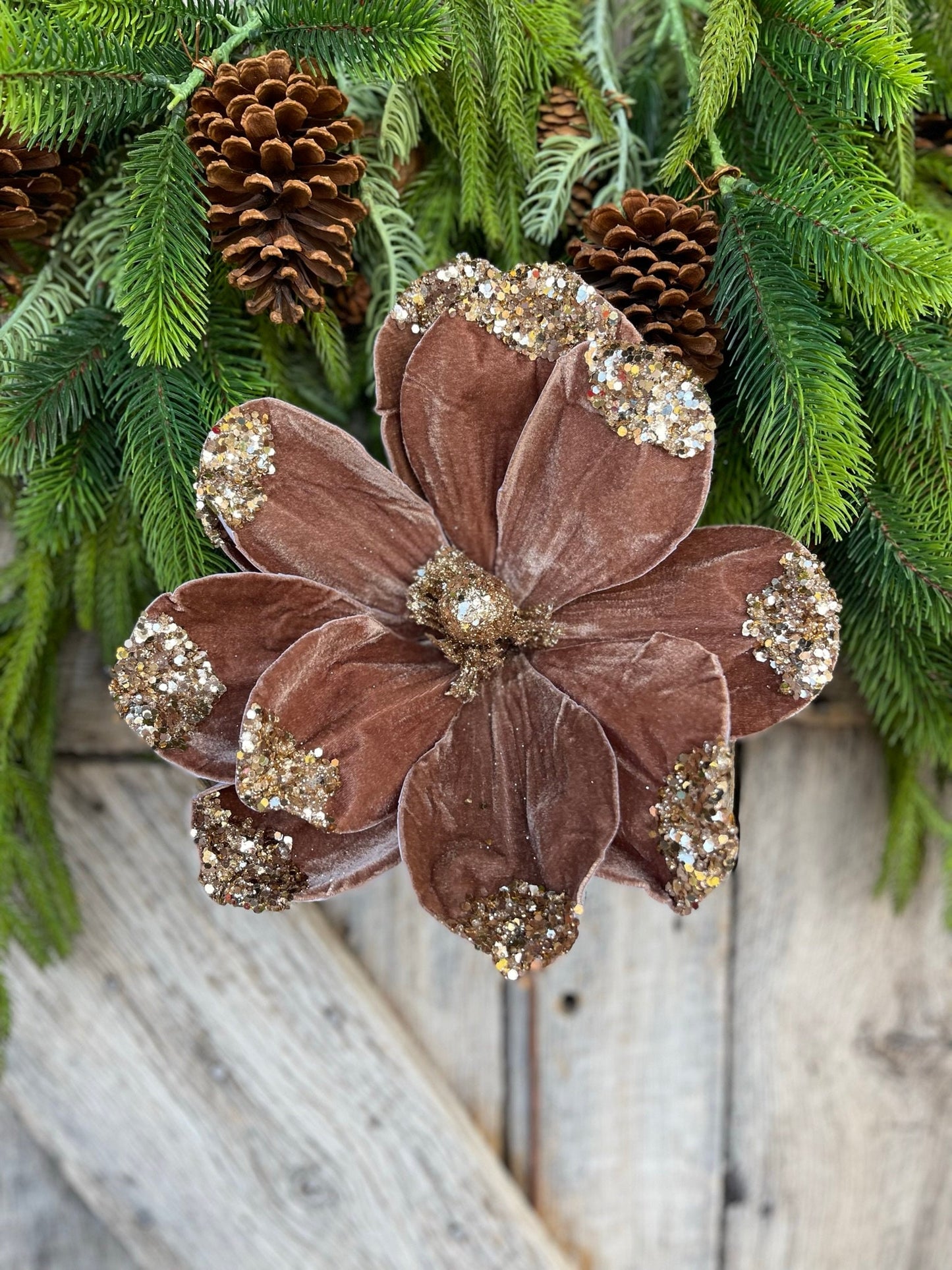 21" Mocha Brown Velvet Magnolia, Christmas Magnolia, Faux Magnolia Stem