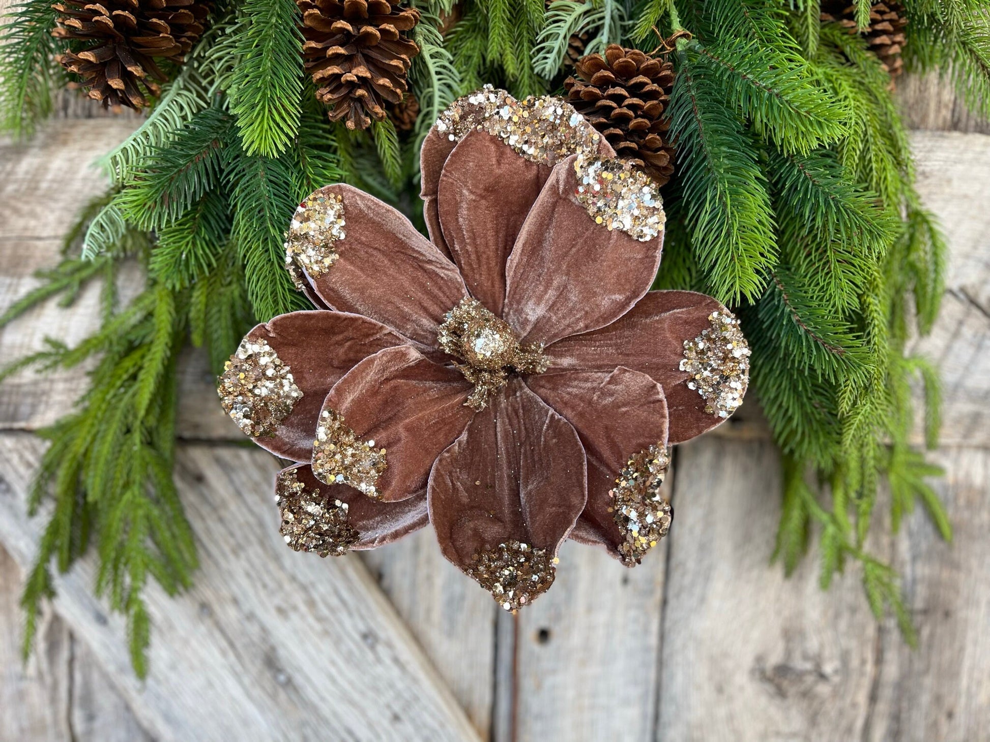 21" Mocha Brown Velvet Magnolia, Christmas Magnolia, Faux Magnolia Stem