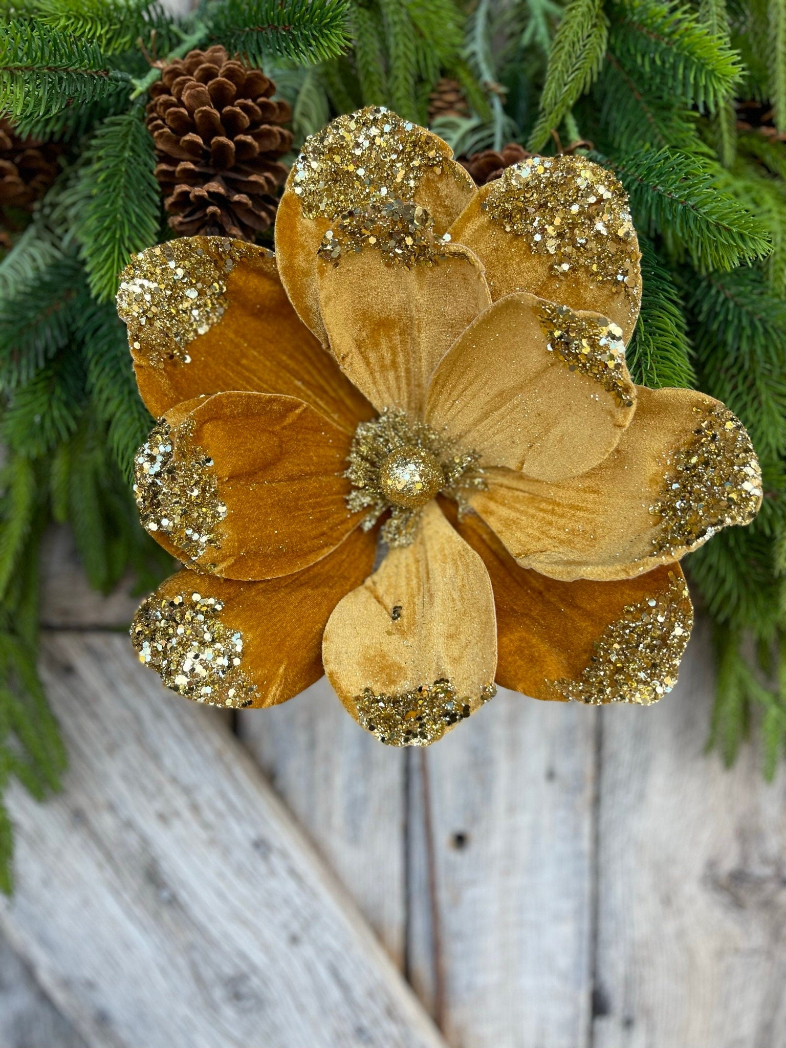 21" Gold Velvet Magnolia, Christmas Magnolia, Faux Magnolia Stem