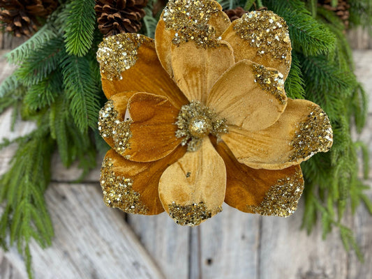 21" Gold Velvet Magnolia, Christmas Magnolia, Faux Magnolia Stem