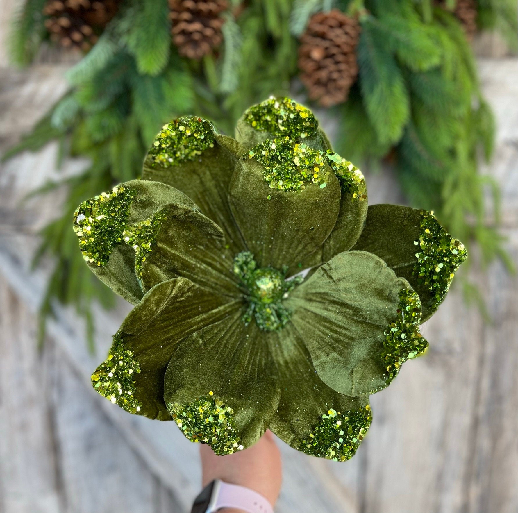 21" Forest Green Velvet Magnolia, Christmas Magnolia, Faux Magnolia Stem