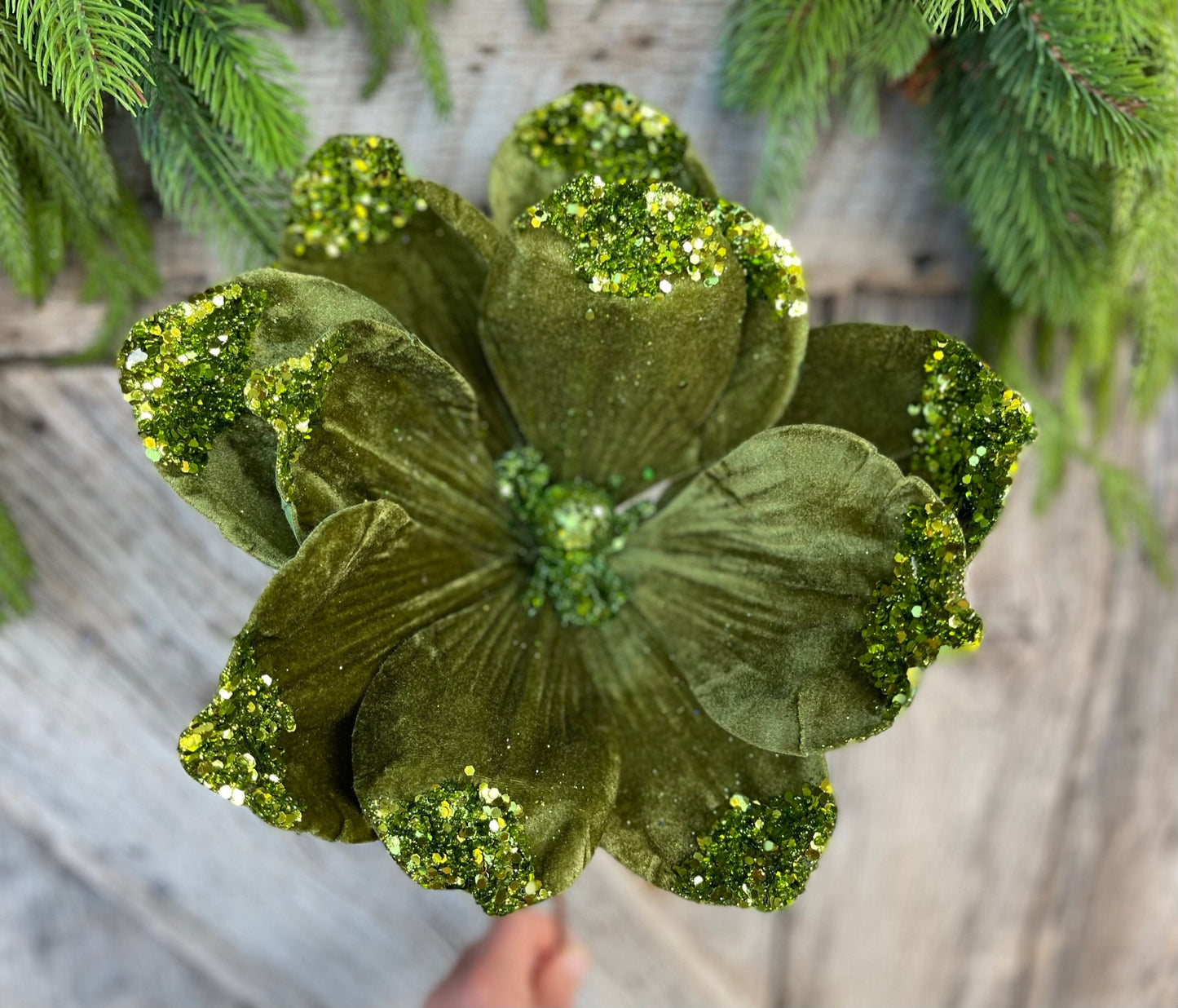 21" Forest Green Velvet Magnolia, Christmas Magnolia, Faux Magnolia Stem