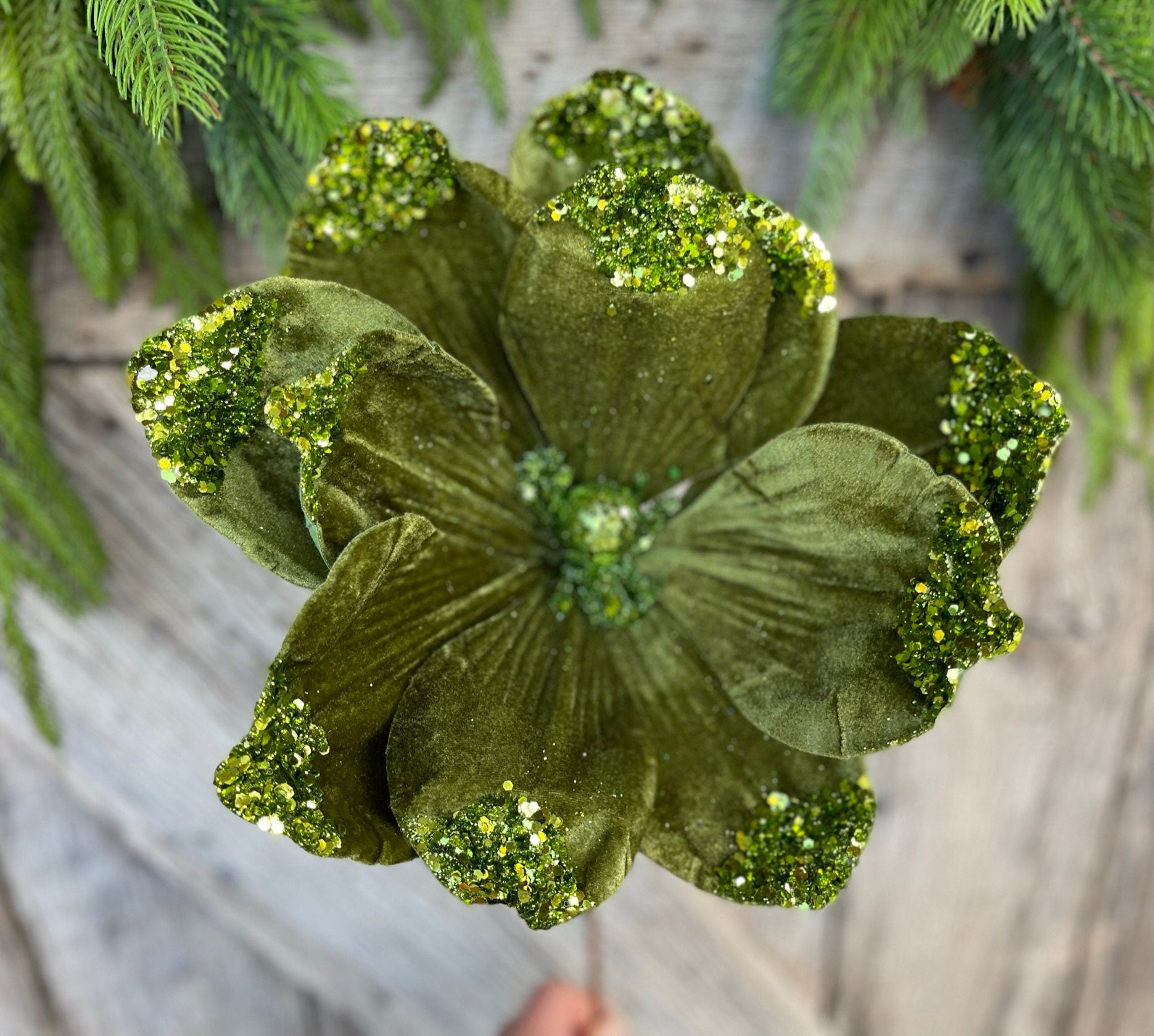 21" Forest Green Velvet Magnolia, Christmas Magnolia, Faux Magnolia Stem