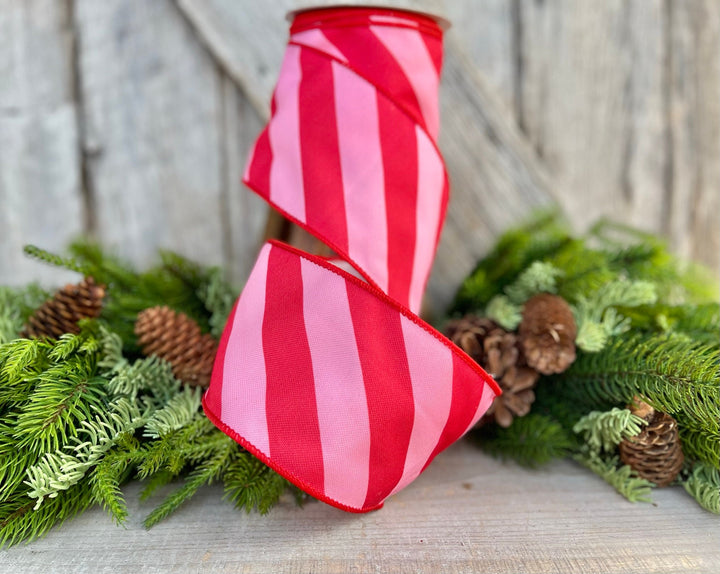 4" Red &amp; Pink Diagonal Stripe Ribbon, Christmas Ribbon
