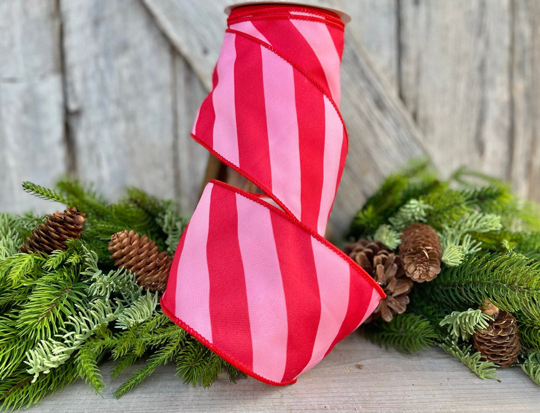 4" Red &amp; Pink Diagonal Stripe Ribbon, Christmas Ribbon