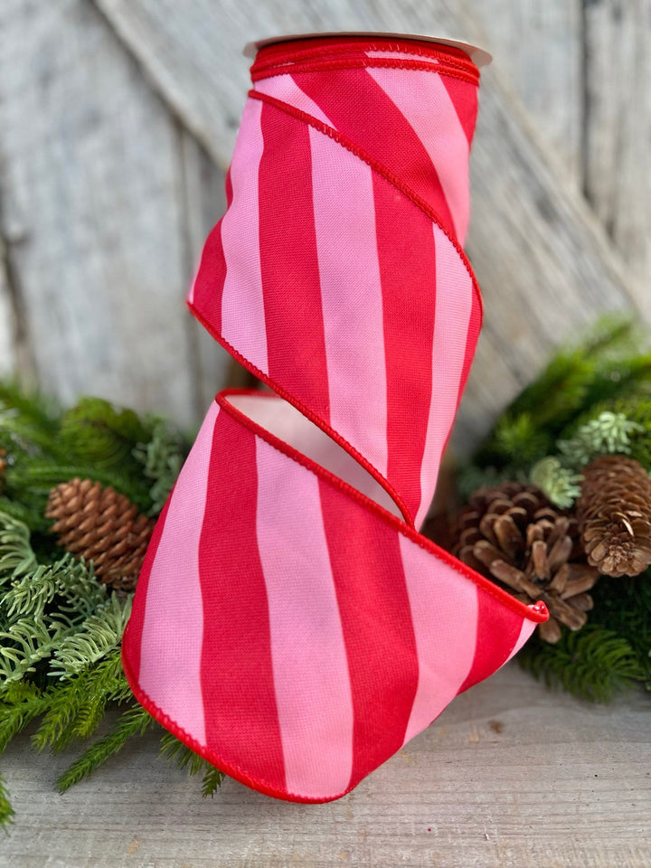 4" Red &amp; Pink Diagonal Stripe Ribbon, Christmas Ribbon, Pinkmas Ribon
