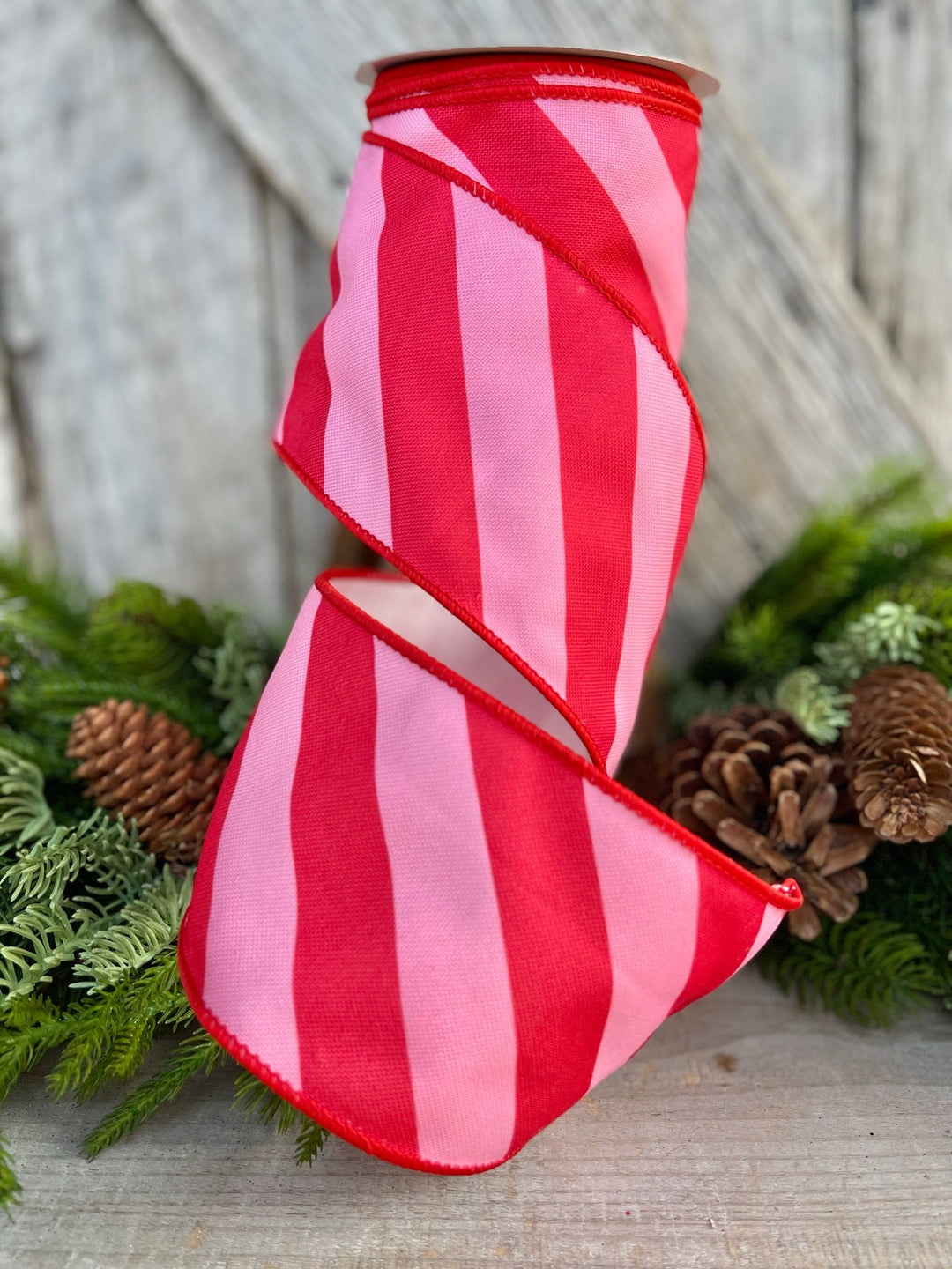 4" Red &amp; Pink Diagonal Stripe Ribbon, Christmas Ribbon