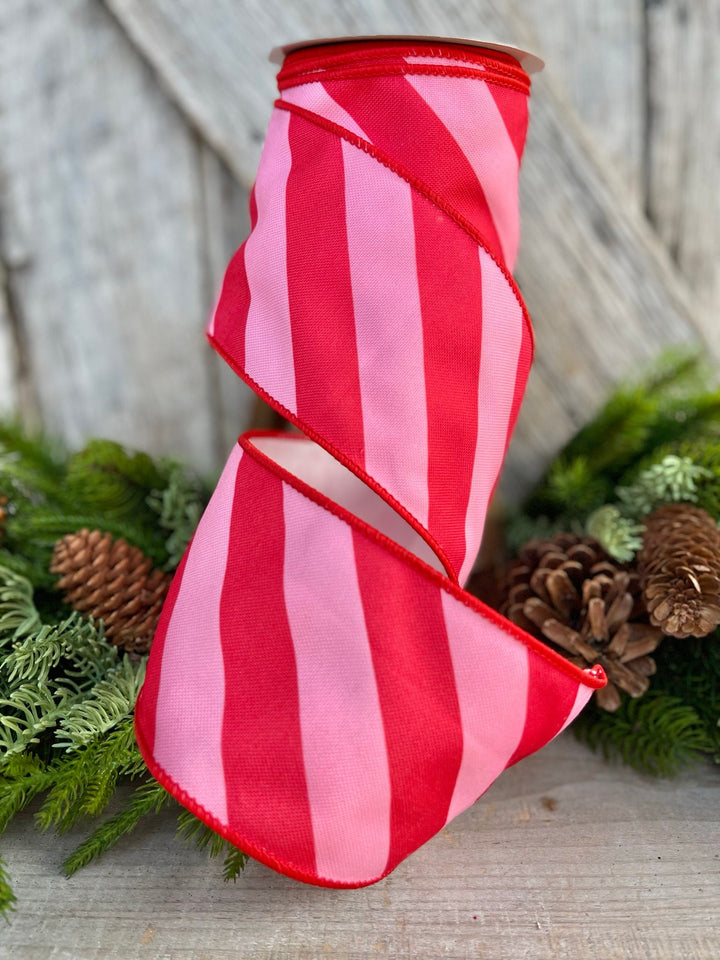 4" Red &amp; Pink Diagonal Stripe Ribbon, Christmas Ribbon