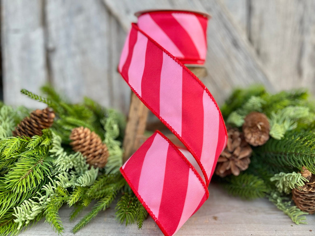 2.5" Red &amp; Pink Diagonal Stripe Ribbon, Christmas Ribbon