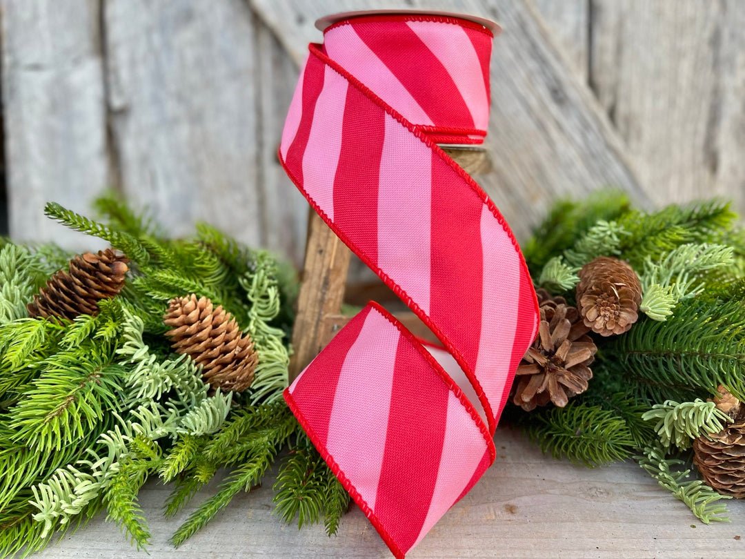 2.5" Red &amp; Pink Diagonal Stripe Ribbon, Christmas Ribbon, Pinkmas Ribon