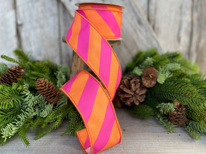 2.5" Orange &amp; Pink Diagonal Stripe Ribbon, Christmas Ribbon, Pinkmas Ribon