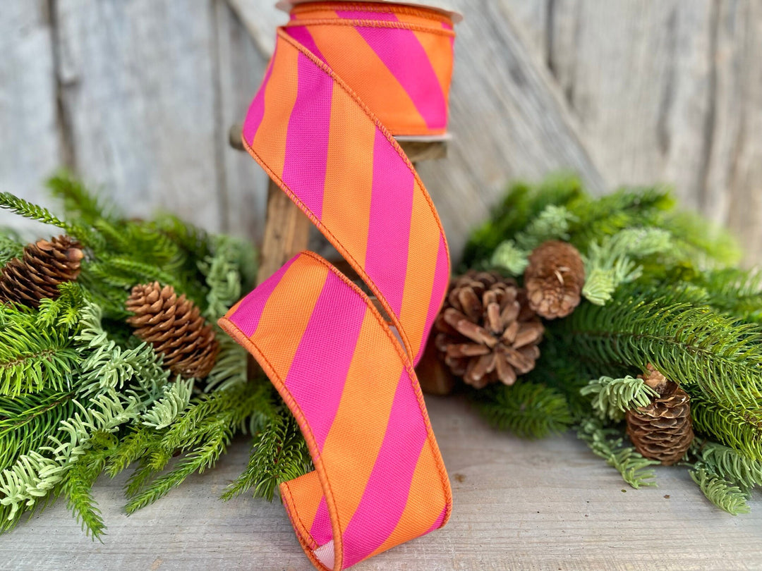 2.5" Orange &amp; Pink Diagonal Stripe Ribbon, Christmas Ribbon, Pinkmas Ribon