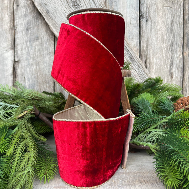 4" Red Plush Velvet RIbbon, Wired Ribbon, Red Velvet Ribbon
