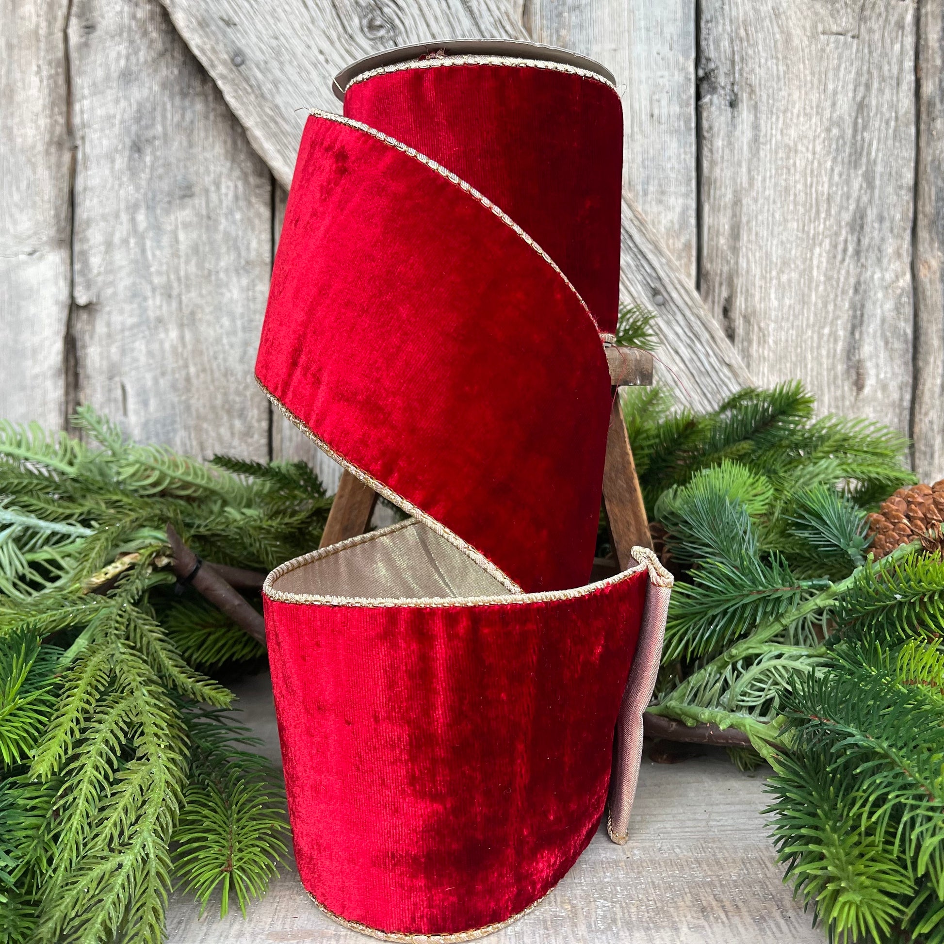 4" Red Plush Velvet RIbbon, Wired Ribbon, Red Velvet Ribbon