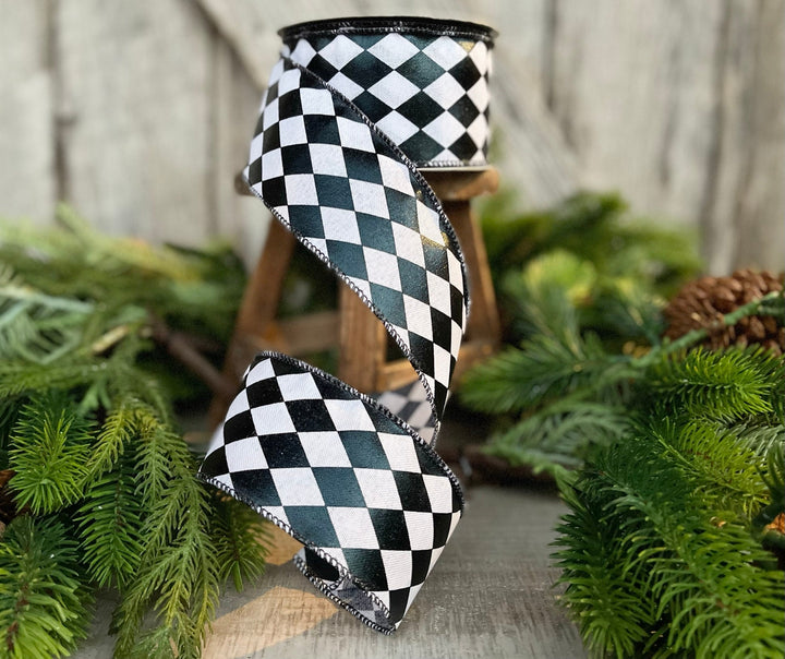 2.5" Harlequin ribbon, Black and White Jester Ribbon, RIbbon