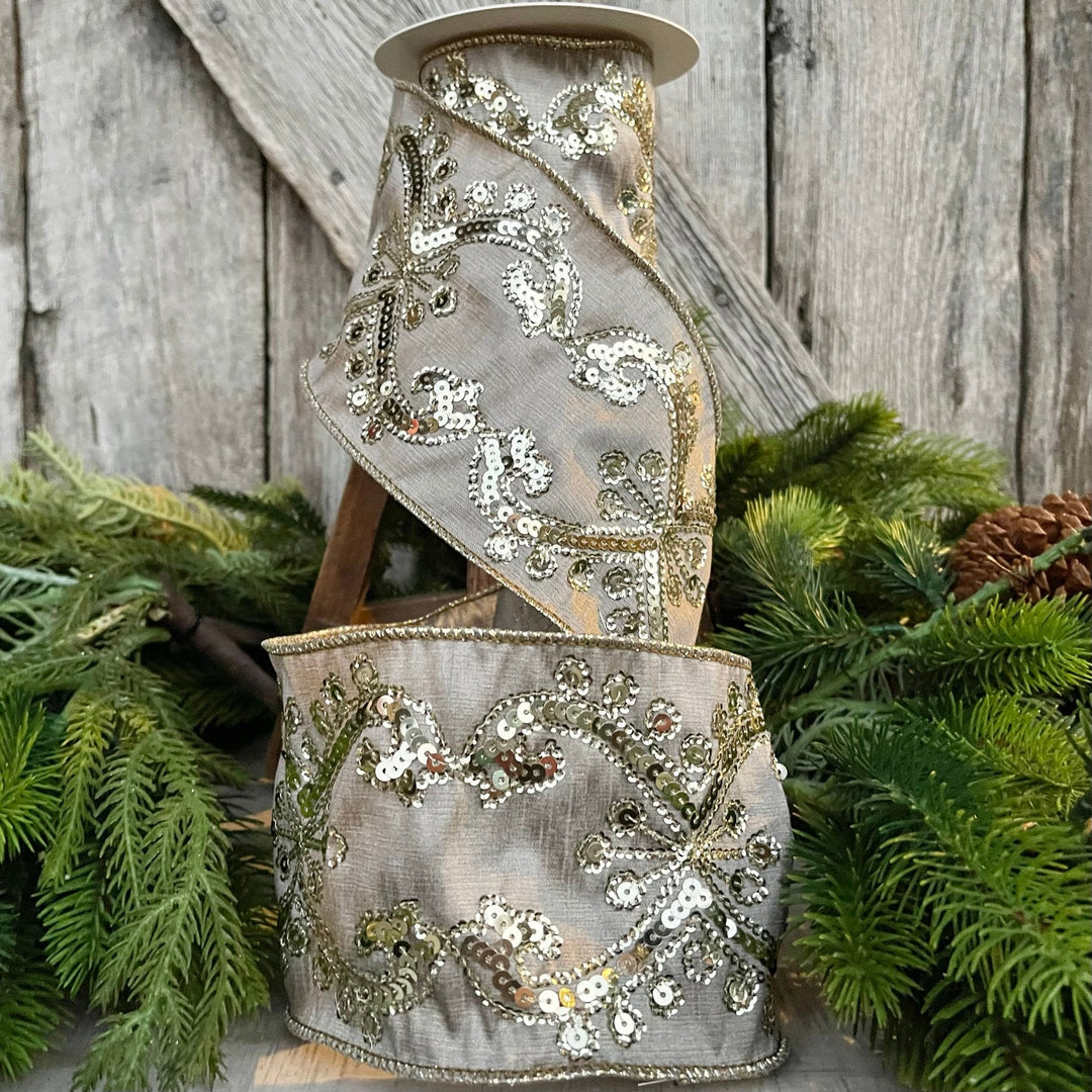 4" Champagne Gold Sequin Ribbon, 4 inch Wired Christmas Ribbon, Platinum Gold Sequin Ribbon