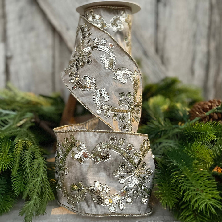 4" Champagne Gold Sequin Ribbon, 4 inch Wired Christmas Ribbon, Platinum Gold Sequin Ribbon