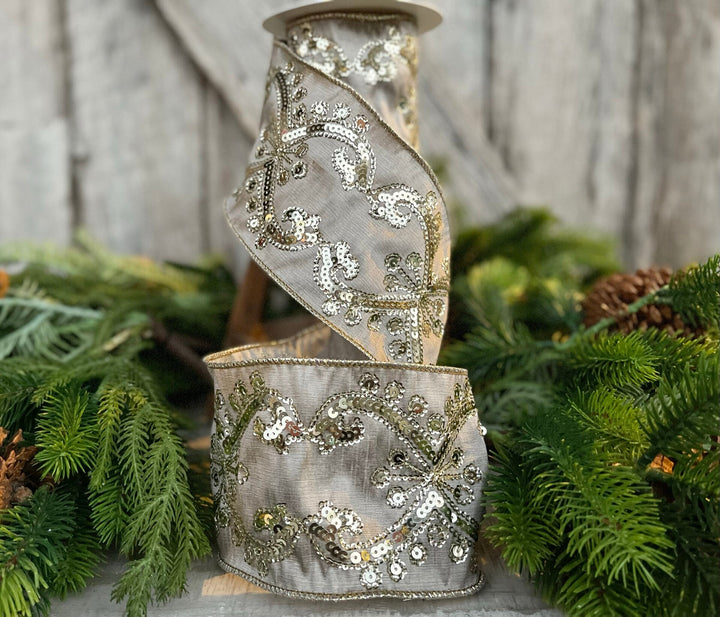 4" Champagne Gold Sequin Ribbon, 4 inch Wired Christmas Ribbon, Platinum Gold Sequin Ribbon