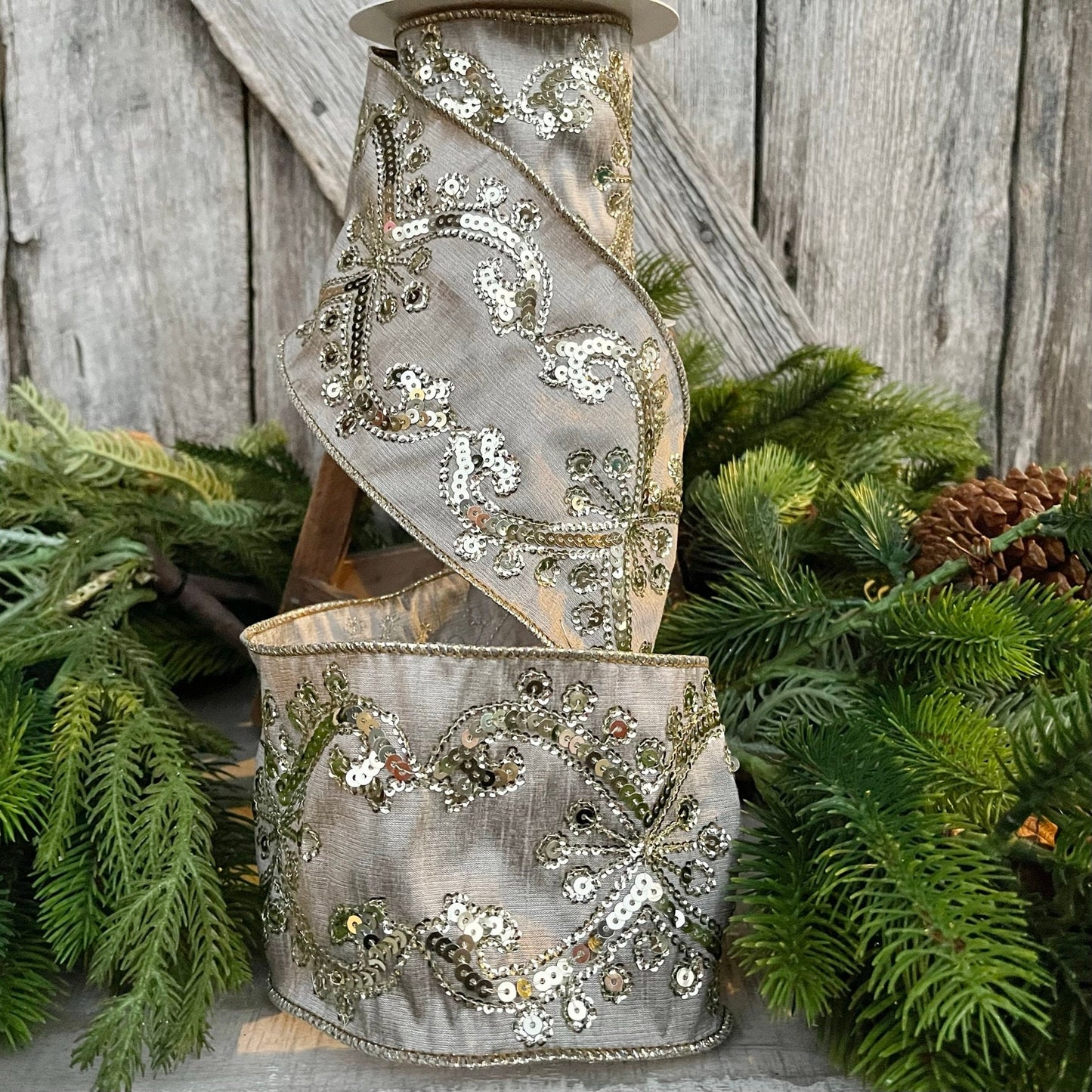 4" Champagne Gold Sequin Ribbon, 4 inch Wired Christmas Ribbon