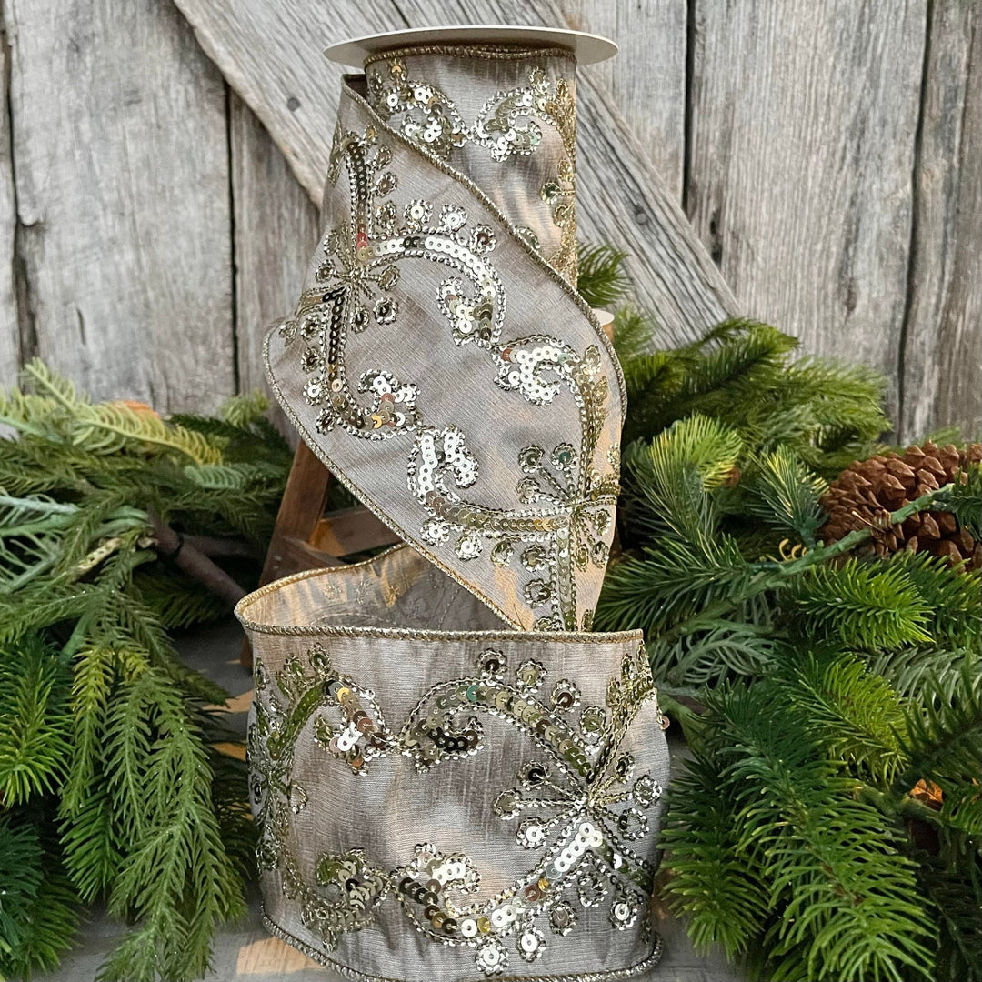 4" Champagne Gold Sequin Ribbon, 4 inch Wired Christmas Ribbon, Platinum Gold Sequin Ribbon