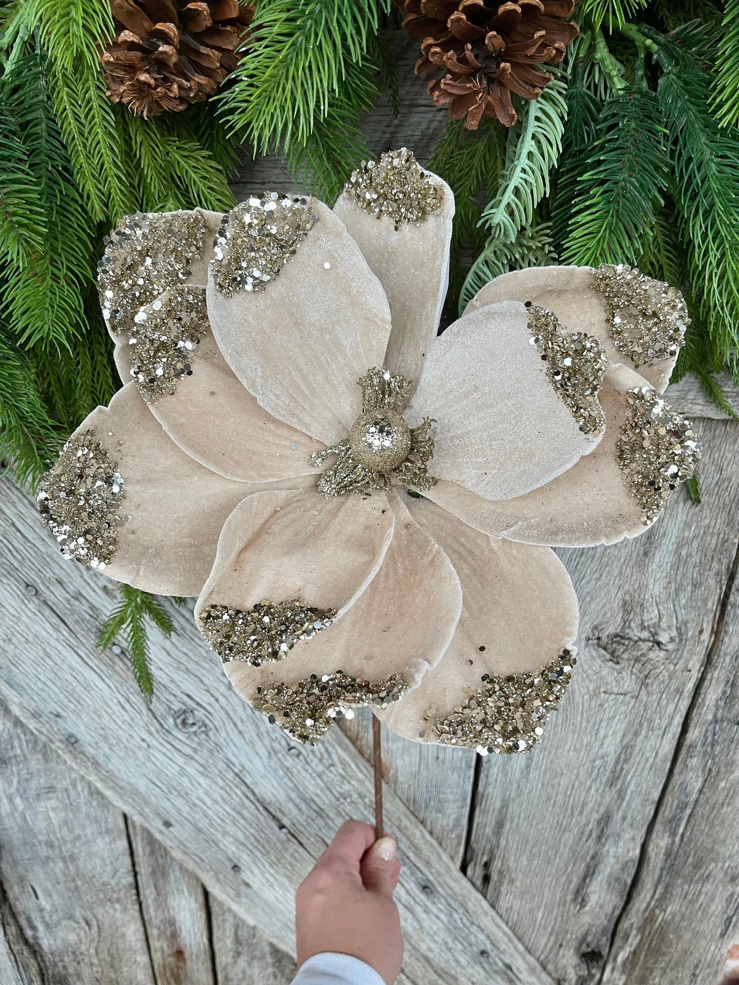 21" Champagne Velvet Magnolia, Christmas Magnolia, Faux Magnolia Stem