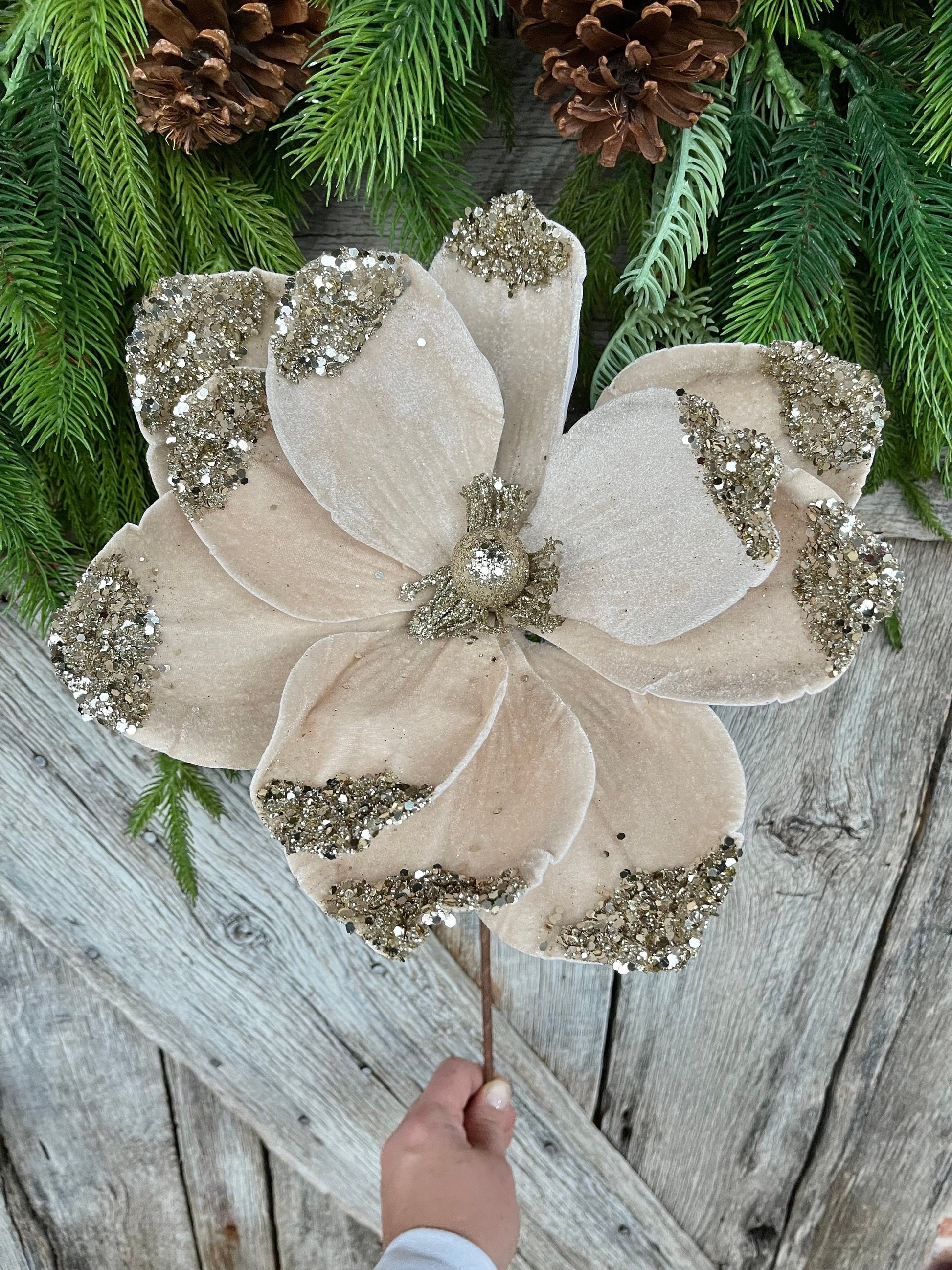 21" Champagne Velvet Magnolia, Christmas Magnolia, Faux Magnolia Stem
