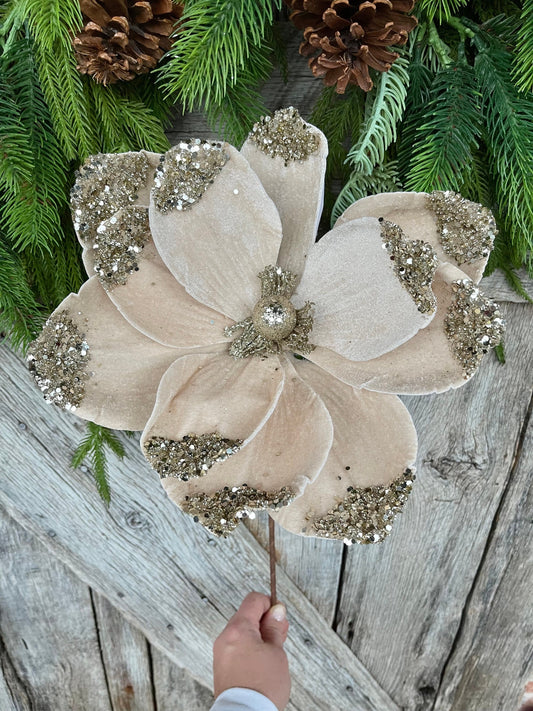 21" Champagne Velvet Magnolia, Christmas Magnolia, Faux Magnolia Stem