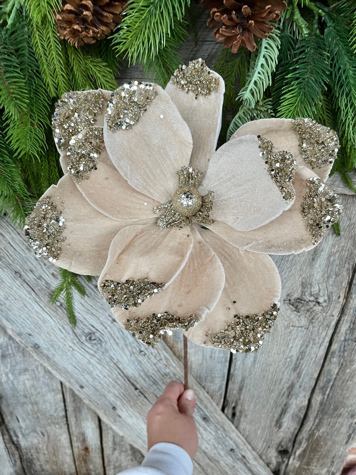 21" Champagne Velvet Magnolia, Christmas Magnolia, Faux Magnolia Stem